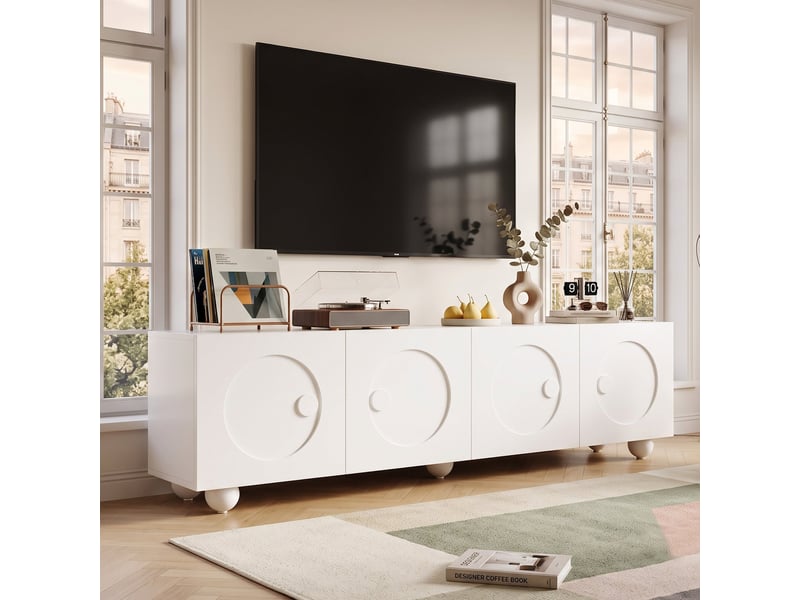  Meuble tv blanc motifs circulaires et 4 portes avec pieds sphériques  - Conforama B