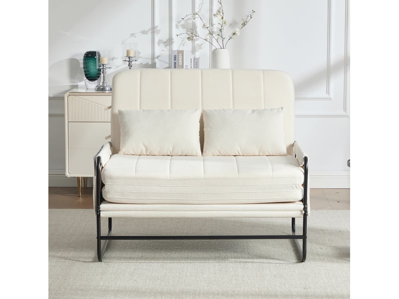 Canapé convertible 2 places avec poches latérales et coussin lombaire, structure en métal, chenille beige - Conforama B