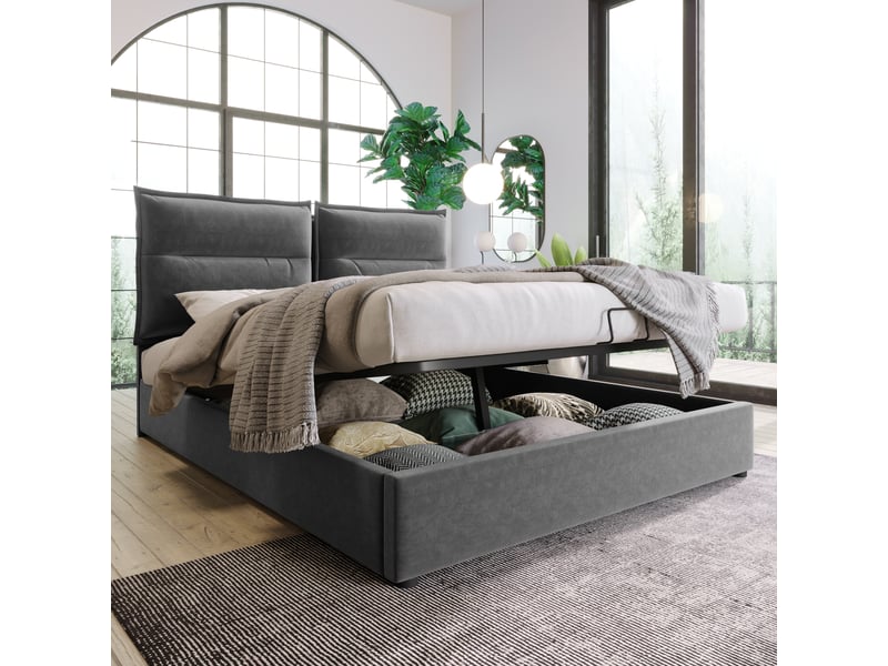 Lit coffre 140x200 cm - lit coffre capitonné double avec tête de lit ajustable et coffre hydraulique, velours gris, matelas inclus - Conforama B