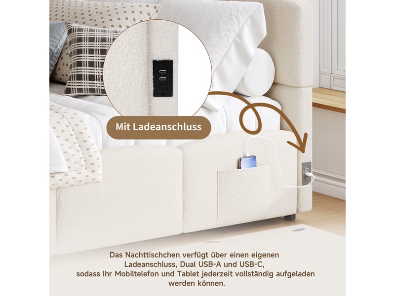  Lit coffre enfant 90x200 cm avec port usb, sac de rangement, dossier et sommier, tissu bouclé, beige, sans matelas  - Conforama D