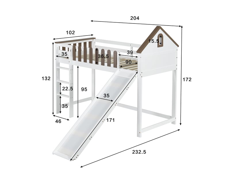  Lit mezzanine 90x200 cm avec toboggan, lit enfant  avec échelle et fenêtre, bois de pin et mdf, blanc  - Conforama E
