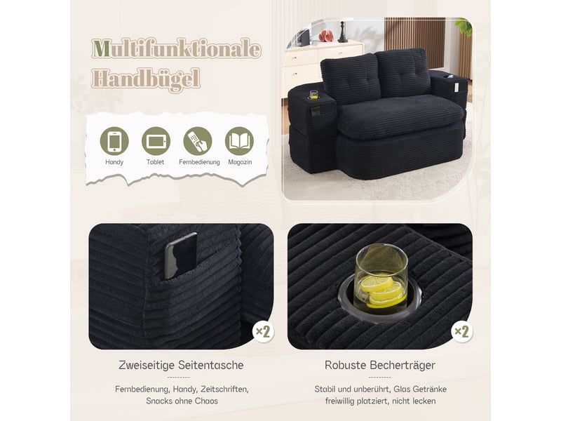 Canapé 2 places en velours côtelé noir avec accoudoirs amovibles et porte-gobelets intégrés - Conforama R