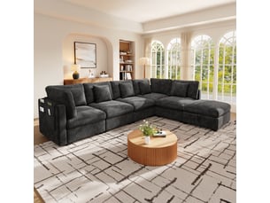 Canapé d'angle panoramique fixe <strong></strong> <strong></strong> 6 places Tissu gris avec coffre de rangement