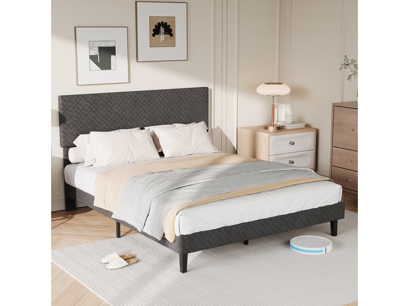  Lit 140 x 200 cm - lit double - avec sommier à lattes - avec tête de lit - tissu lin - gris foncé - lit capitonné  - Conforama B