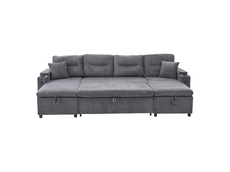  Canapé scandinave 4 places 272x136x86 cm, velours côtelé gris, deux méridiennes réversibles, coffres, porte-gobelets, usb-c  - Conforama A