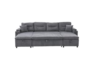 Canapé scandinave 4 places 272x136x86 cm, velours côtelé gris, deux méridiennes réversibles, coffres, porte-gobelets, usb-c