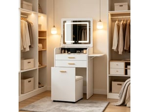 Coiffeuse 3 en 1 avec miroir led 40x50x87,2 cm-2 tiroirs-plateau en verre-tabouret avec rangement à roulettes-blanc