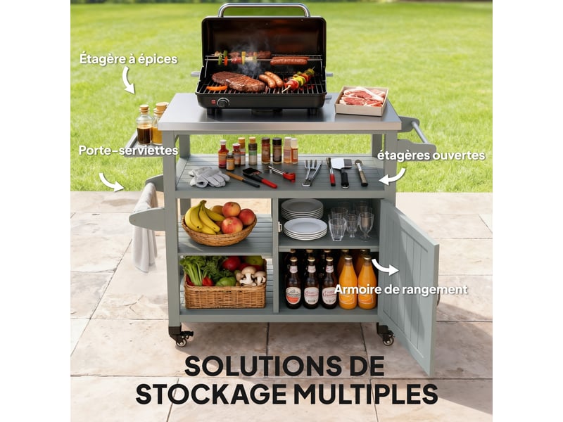Desserte jardin chariot de barbecue sur roulettes avec plateau en acier inoxydable gris 107x49,5x92,5cm - Conforama E