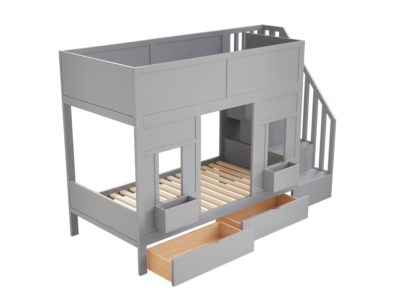  Lit mezzanine - lit enfant 90x200 cm avec escalier rangement et 2 tiroirs, bois gris, sans matelas  - Conforama E