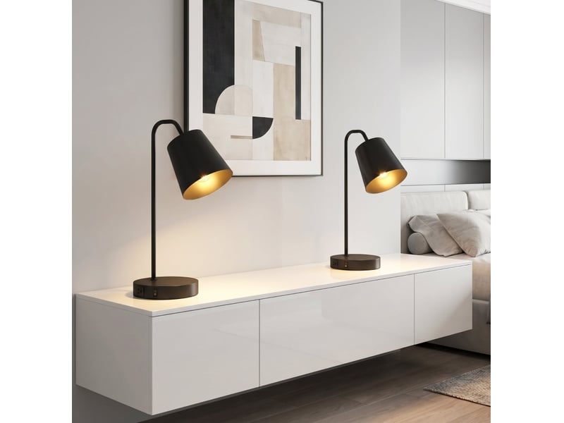  Lot de 2 lampes de table modernes, avec ports usb-a et usb-c, pour chambre, salon et bureau, noir  - Conforama E