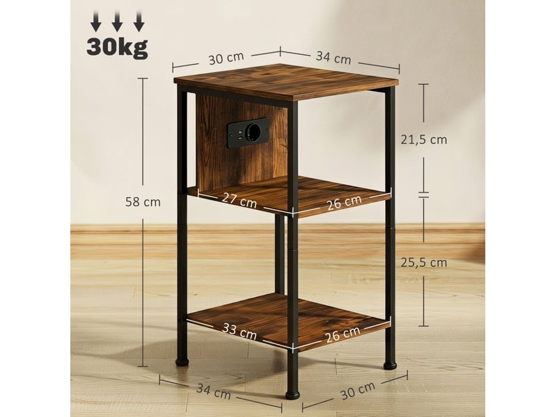  Table d'appoint 34 x 30 x 58 cm – marron rustique et noir – station de charge avec 2 étagères ouvertes  - Conforama C
