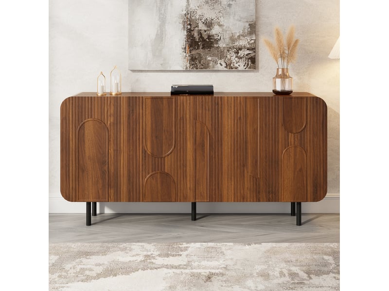  Buffet mid-century 160x40x79 cm coloris noyer avec 4 portes  - Conforama E