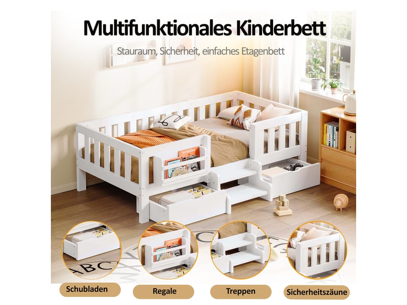 Lit enfant multifonction 90x200 cm, 2 tiroirs, bibliothèque intégrée, marche d’accès, garde-corps, sommier à lattes, bois massif et mdf blanc - Conforama E