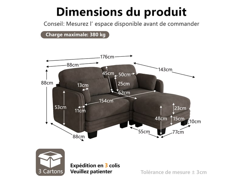 Canapé d’angle modulable 176 cm 2 places avec ottoman, coussins d’accoudoir amovibles, coussins lombaires épais à soutien renforcé, chenille, brun café - Conforama D