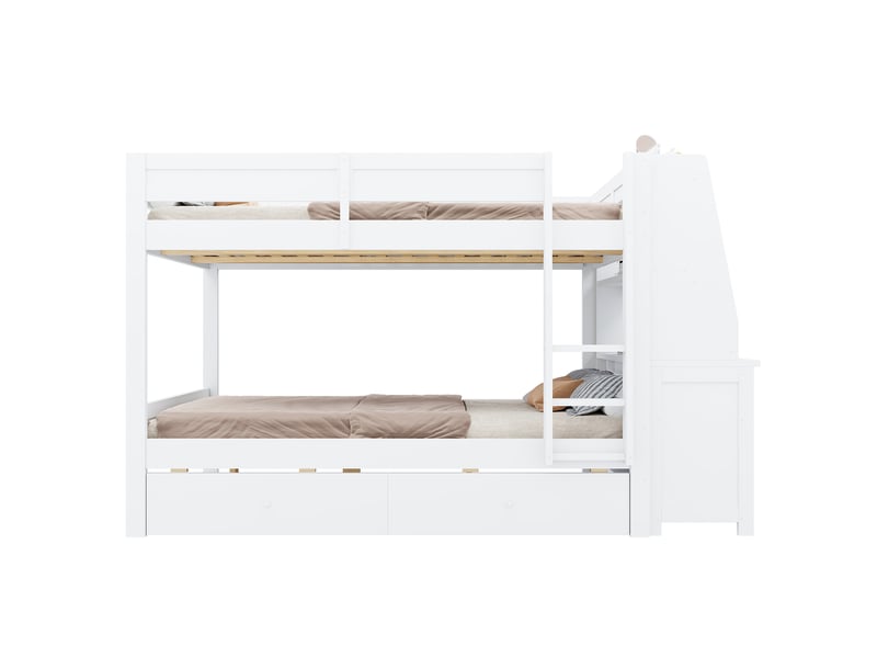  Lit superposé enfant 140x200 cm – blanc – bureau intégré, rangement latéral et 2 tiroirs - sans matelas  - Conforama A