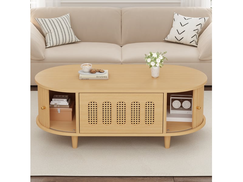  Table basse 100x50x40 cm en mdf, 1 tiroir et 2 portes à rideau, coloris bois naturel  - Conforama D