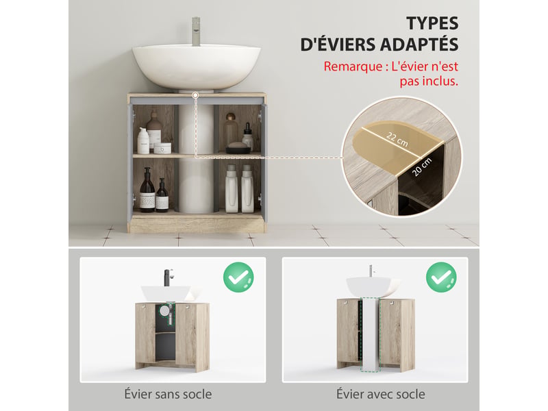  Meuble sous-vasque 2 portes, chêne clair et gris, 60 x 30 x 59,8 cm  - Conforama R
