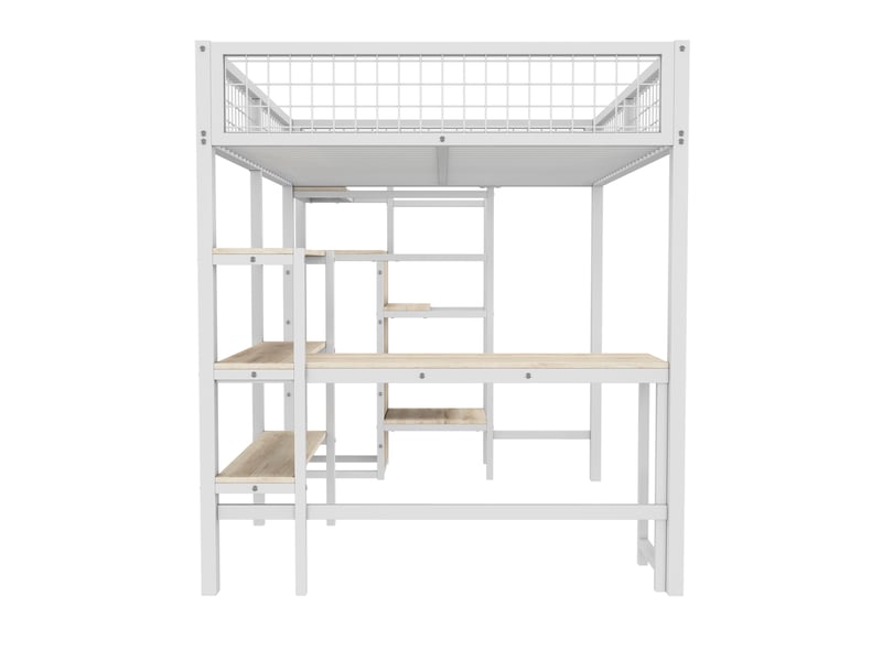  Lit mezzanine blanc 140x200 cm en métal avec bureau, étagères et armoire intégrée  - Conforama E