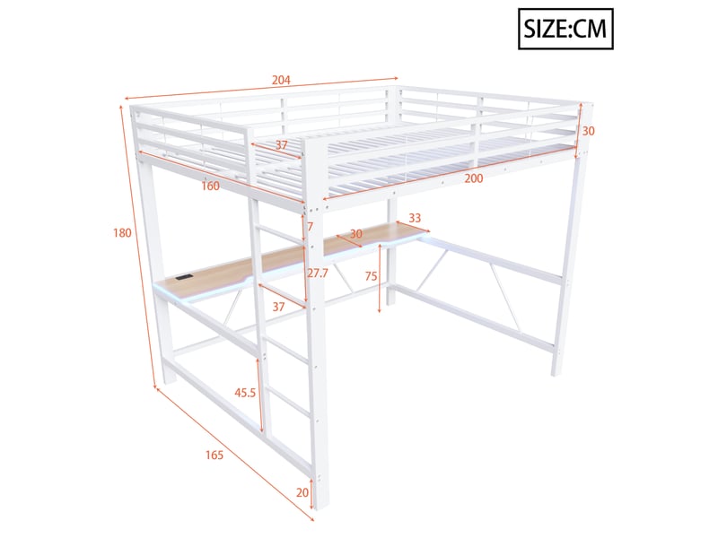 Lit mezzanine 2 places 160×200 cm bureau, led et usb - sans matelas, métal et mdf - blanc - Conforama D