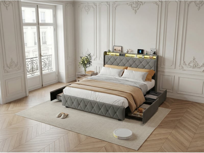  Lit 140x200 cm avec led- tête de lit avec étagère- lit capitonné pu gris- sommier à lattes inclus  - Conforama E