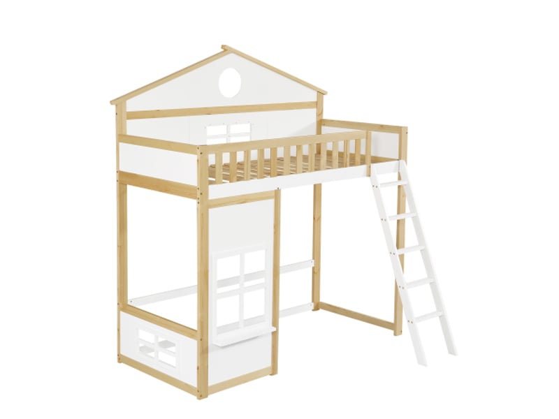  Lit superposé 90x200 cm, lit cabane avec escalier et barrière de sécurité, en bois, couleur naturel, sans matelas  - Conforama E