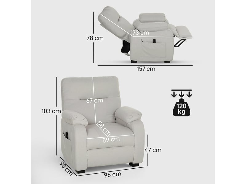  Fauteuil relax électrique inclinable en velours crème 96x90x103 cm  - Conforama C