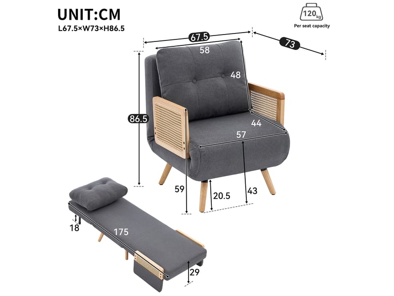  Fauteuil convertible 3 en 1 avec dossier inclinable, accoudoirs en rotin et coussin, en lin gris  - Conforama C