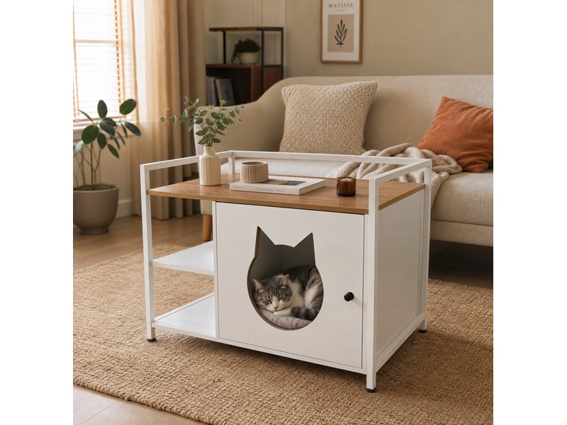  Table basse 76x54x59 cm avec rangement, pour salon, meuble de salon, pratique, en mdf et métal, blanc et chêne clair  - Conforama E
