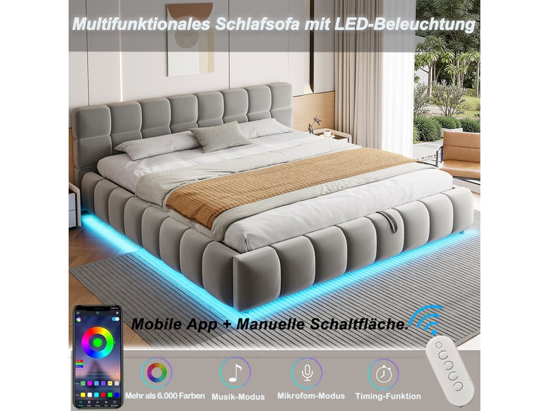  Lit double 180 x 200 cm, bandeau lumineux, têtecôtés volumineux, hydraulique, velours gris  - Conforama D