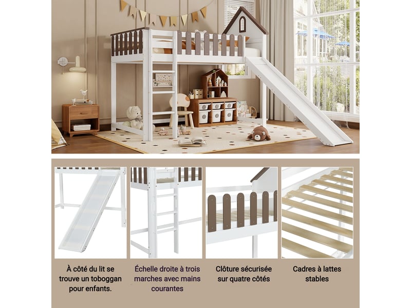  Lit superposé enfant - 90x200 cm - blanc et noyer - échelle à trois niveaux - toboggan - certifié en747  - Conforama R