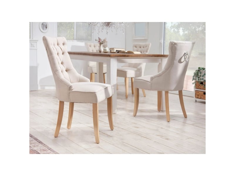  Lot de 2 chaises regina beige en lin capitonné – dossier haut, anneau argenté et pieds en bois clair  - Conforama D