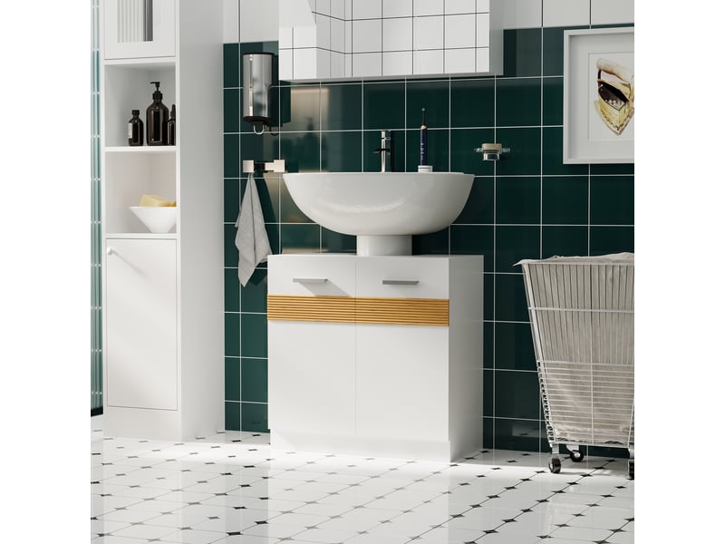  Meuble sous lavabo blanc 60 cm, 2 portes, découpe en u et étagère réglable  - Conforama C