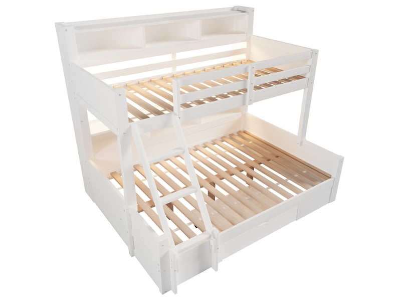  Lit superposé 90x200 et 140x200 cm blanc en pin, niches ouvertes, tiroir, échelle à position variable et éclairage led  - Conforama A