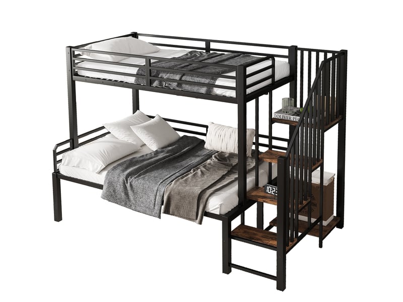  Modenvie lit superposé 90x200 cm et 120x200 cm - avec escalier d angle et rangement, sans matelas - noir  - Conforama A