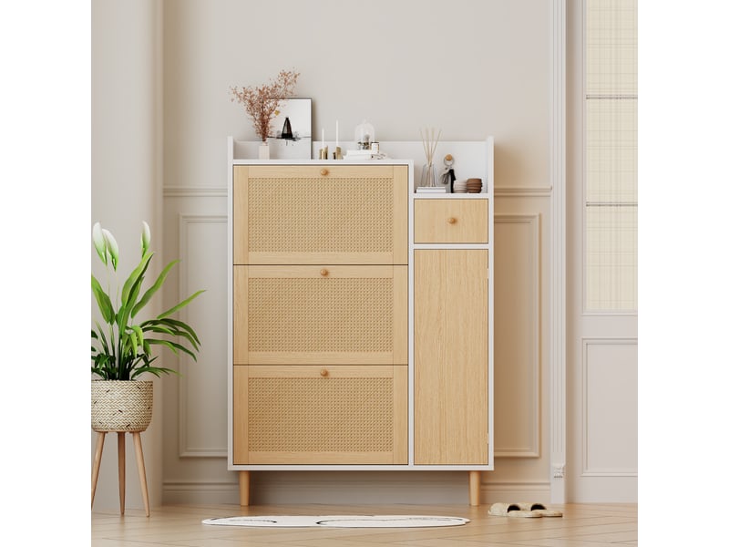 Meuble à chaussures en rotin 90x17x125 cm, 3 abattants, 1 tiroir et pieds en bois massif - Conforama B