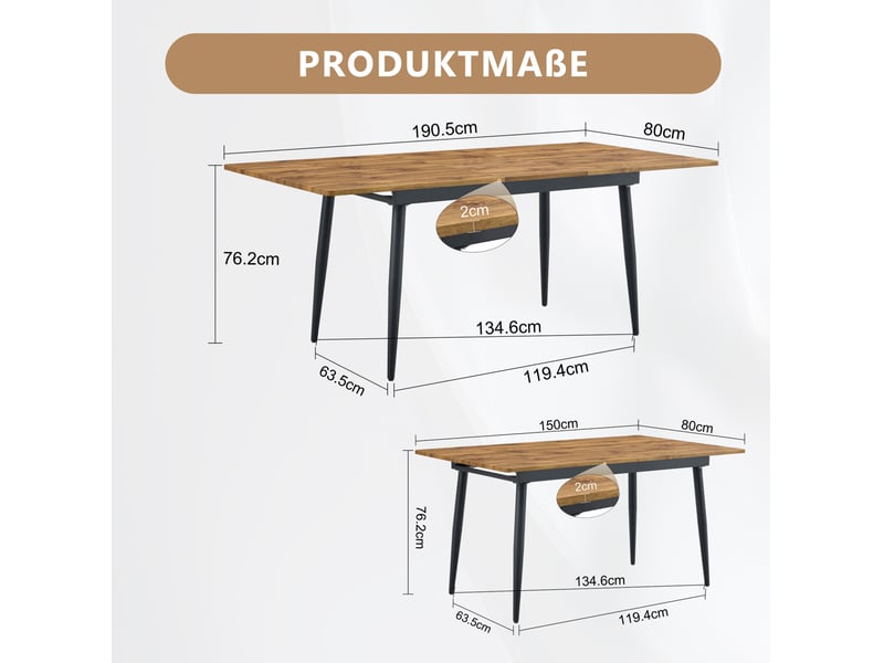  Table à manger rectangulaire 190,5 x 80 x 76,2 cm, plateau aspect bois marron et pieds en métal noir  - Conforama E