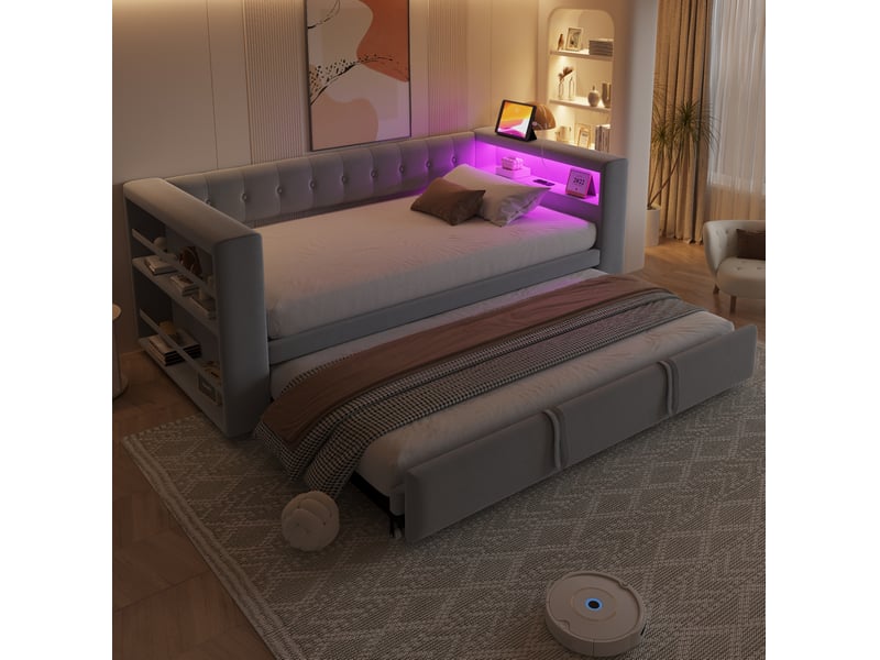  Modenvie canapé convertible 90180x190 cm - rangement intégré, led multicolore et prise - gris  - Conforama D