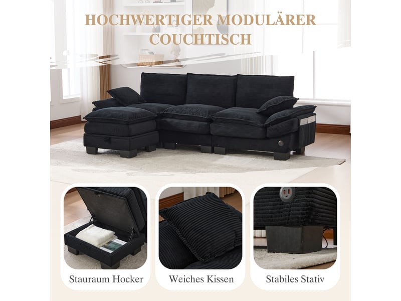 Canapé d'angle 3 places en velours côtelé noir avec pouf et port usb-c intégré pour salon - Conforama D