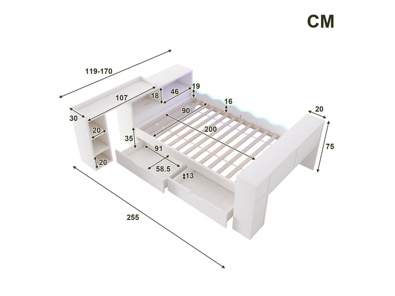  Lit simple 90x200 cm avec 2 tiroirs, bureau coulissant, led et prises, blanc  - Conforama E