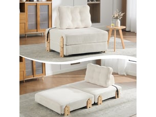 Fauteuil convertible lit simple beige - fauteuil scandinave avec pieds en bois clair et revêtement cord, idéal salon ou chambre