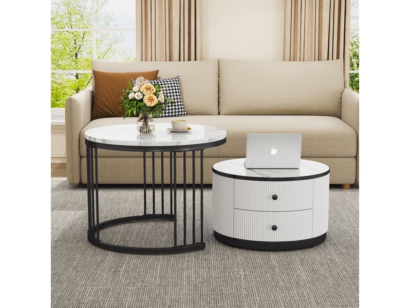  Tables basses gigognes avec 2 tiroirs, plateaux effet marbre brillant, en mdf blanc et noir pour le salon moderne  - Conforama D