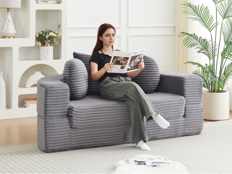 Canapé droit 4-en-1 compact, demi-lune ou lit rond, 2 coussins ronds + 1 carré, gris - Conforama B