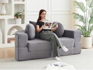 Canapé droit 4-en-1 compact, demi-lune ou lit rond, 2 coussins ronds + 1 carré, gris