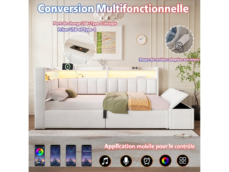  Lit banquette 90 x 200 avec rangement, banc coffre, velours blanc crème, led et usb  - Conforama D