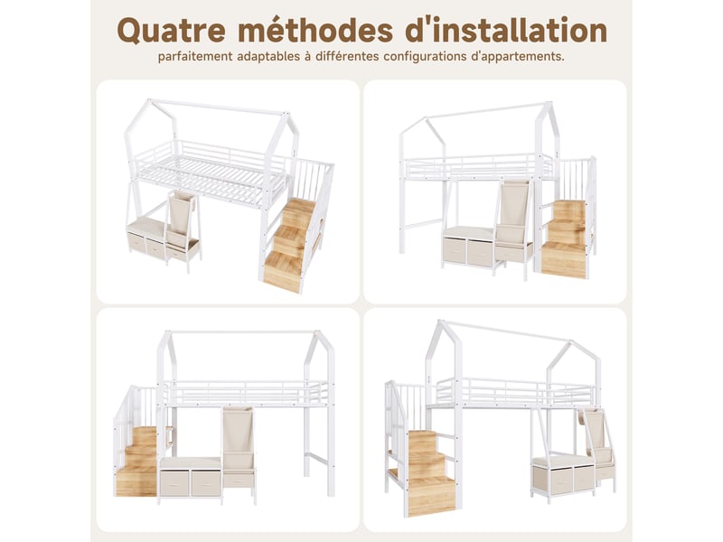 Lit mezzanine 90 x 200 cm – avec étagère de rangement en tissu – avec 3 tiroirs – avec échelle – avec éclairage led – blanc (matelas non inclus) - Conforama R
