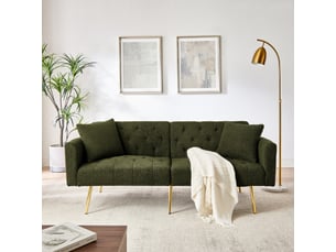 Canapé 2 places moderne en bouclé teddy vert avec dossier réglable 3 positions et 2 coussins