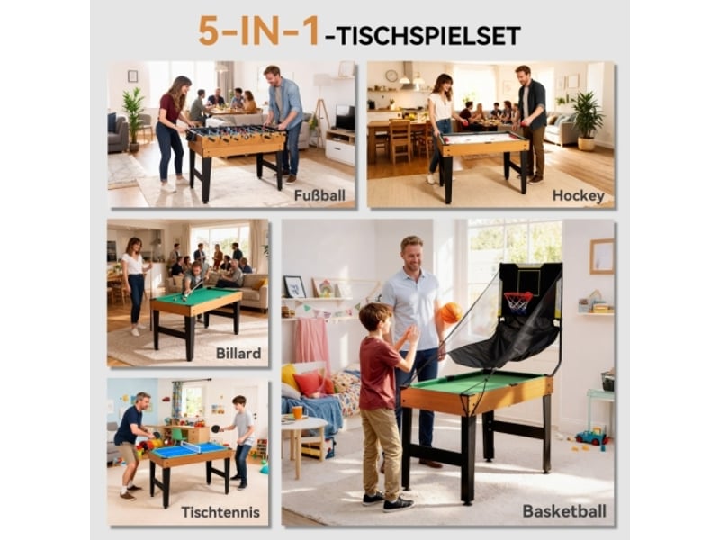  Table de jeu 5 en 1, baby-foot, hockey, ping-pong, billard, basket, 53 accessoires, noyer  - Conforama C