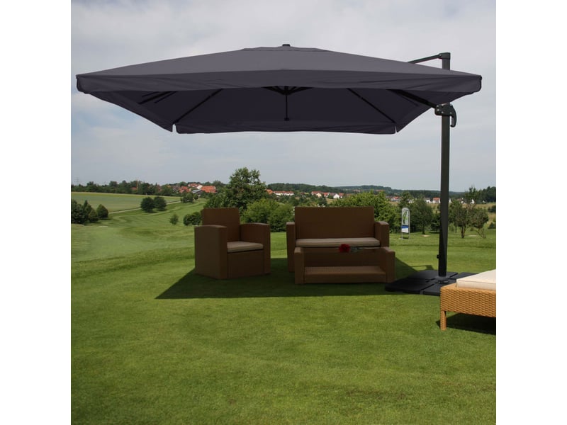 Parasol déporté 3 x 4 m rotatif à 360° avec lambrequin pied modulable et inclinaison réglable polyester anthracite et aluminium 04_0007983 - Conforama B