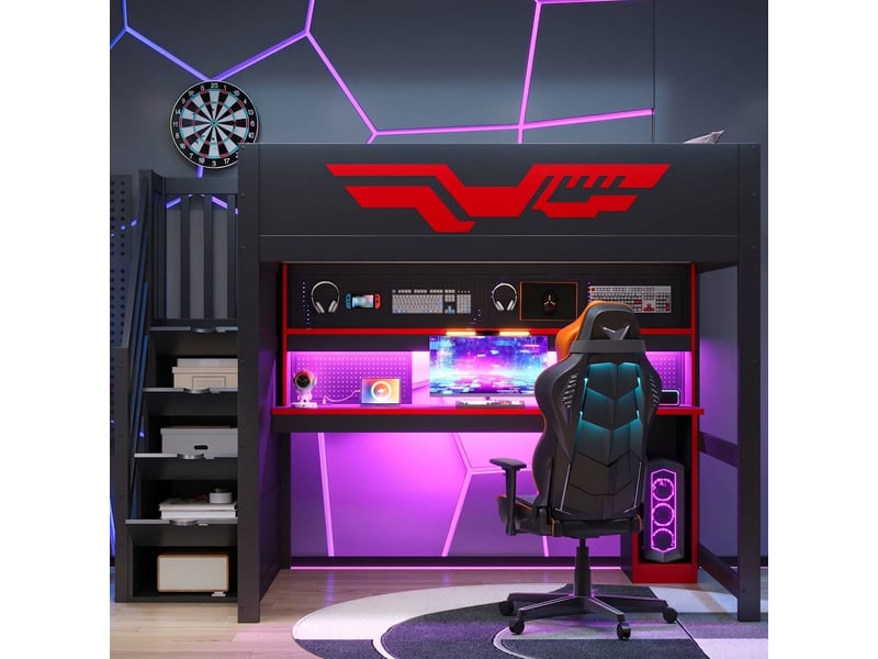  Lit mezzanine gaming 140x200 avec bureau intégré, escalier de rangement et led, noirrouge  - Conforama D