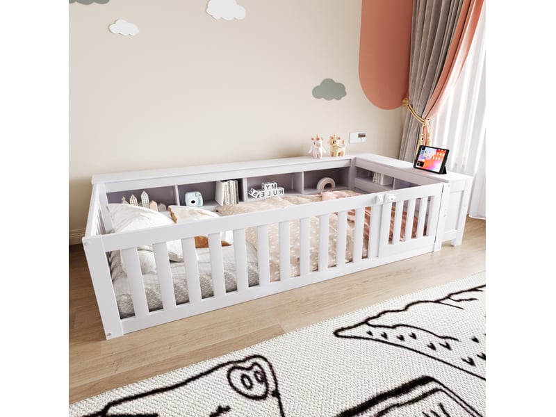  Lit enfant 90x200 cm avec rangements, barrières de sécurité et sommier blanc  - Conforama E